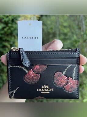 COACH Mini Skinny Id Case Leather Cherry Print Cardholder Keychain Wallet NWT